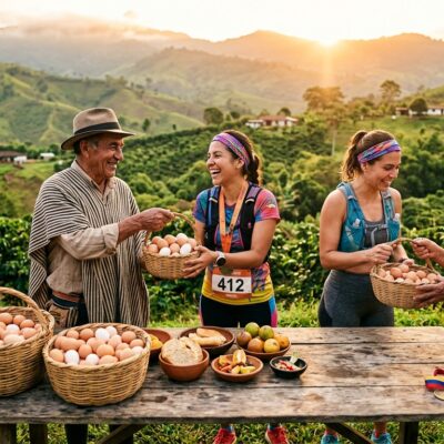 Campesinos colombianos ofrecen comida local y huevos frescos a corredores en un paisaje montañoso al atardecer