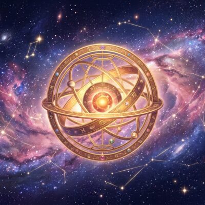 Esfera armilar dorada con símbolos del zodiaco sobre un fondo de nebulosas de colores y constelaciones
