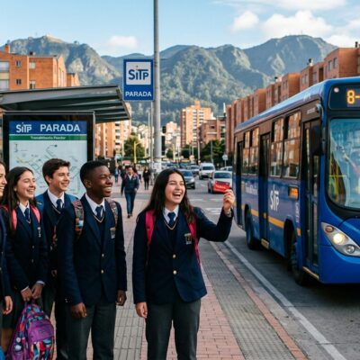 Estudiantes de colegio en un paradero de Bogotá esperando un bus del SITP mientras muestran la tarjeta de transporte
