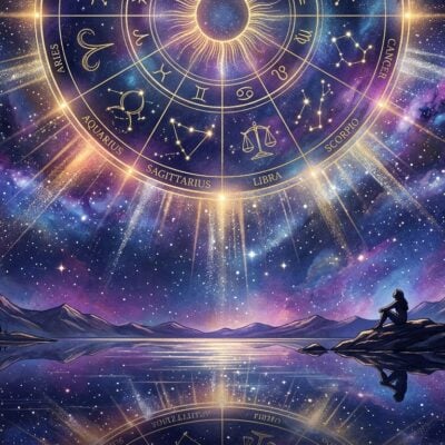 Persona contemplando una brillante rueda del zodiaco en un cielo nocturno estrellado sobre un lago entre montañas