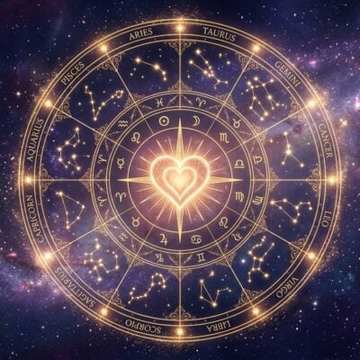 Rueda del zodiaco dorada con un corazón brillante en el centro sobre un fondo galáctico de estrellas y nebulosas