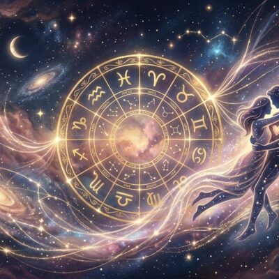 Rueda del zodiaco dorada y una pareja abrazada en el espacio exterior con estrellas y nebulosas cósmicas