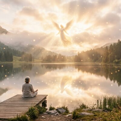Una persona meditando en un muelle frente a un lago tranquilo mientras un ángel resplandeciente flota en el cielo